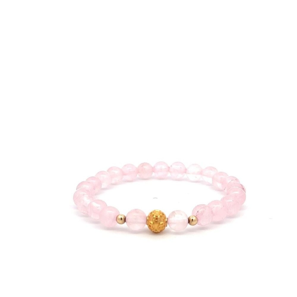 18K Gold Money Ball Lucky Charm Beads Bracelet Gemstones Rose Quartz 6mm